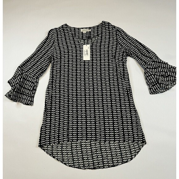NWT Molly Bracken Tunic Bell Sleeves Blouse Shirt Womens Small Black White NEW - Picture 1 of 7